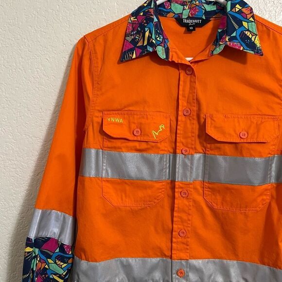 Workwear Hi Visibility Railroad Saftey Shirt Button Down Neon Orange Reflective - Picture 11 of 15